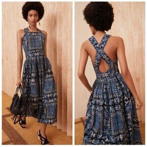 Ulla Johnson Kerani Midi Boho Pinafore Dress Women Size 10 Blue Azure Cotton EUC